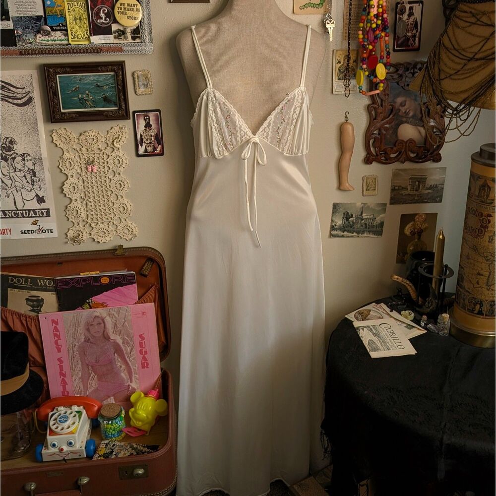 Vintage 60s Lace Petticoat Slip Dress Lingerie Set Women's Medium/Large White - Picture 2 of 9